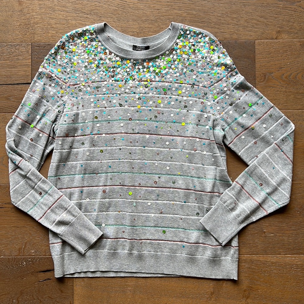NWT - lightweight grey sweater with decorative sequins and metallic stripes
